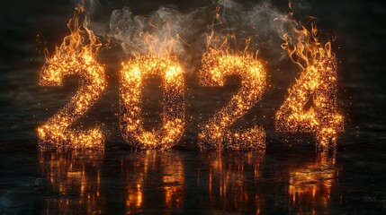 Bye Bye 2024 Realistic fire with the numbers 2024 made of glowing embers and soft smoke rising, creating a minimalist yet powerful visual farewell to the year.