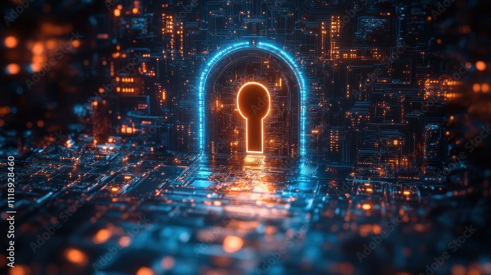 Poster digital cybersecurity lock visualization for data protection and privacy compliance in a cyberpunk s