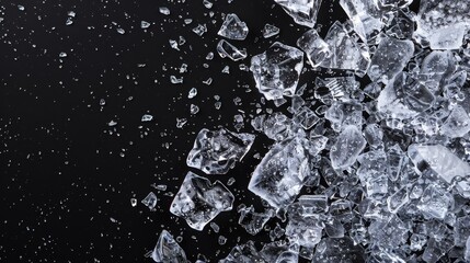 Ice, crushed on a black background. Pieces of crushed ice spread away. Crushing of the ice.