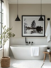 Modern Minimalist Bathroom with Freestanding Tub, Black Pendant Lights, and Natural Elements Featuring Sleek Design and Elegant Decor in Neutral Tones for a Serene and Inviting Space.