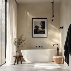 Modern Minimalist Bathroom with Freestanding Tub, Black Pendant Lights, and Natural Elements Featuring Sleek Design and Elegant Decor in Neutral Tones for a Serene and Inviting Space.