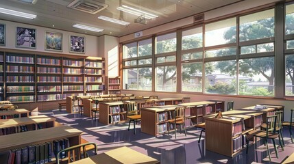 Fototapeta premium A bright, serene library filled with books and study tables.
