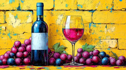A wine bottle and glass on a yellow background in a vibrant pop art style