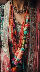 A close-up of traditional attire adorned with colorful jewelry and embellishments.