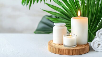 A serene arrangement featuring candles, a jar, and towels, complemented by lush green leaves, ideal for relaxation and spa settings.