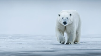 A polar bear walks on the snow-covered tundra