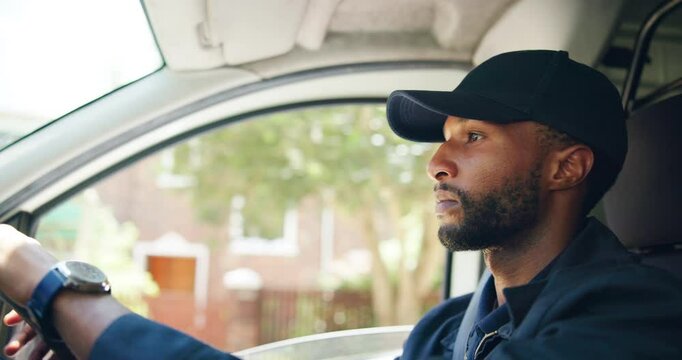 Car, delivery and black man with driving for logistics, transportation and distribution of order. Vehicle, male employee or driver with side view for supply chain, shipping service or courier company