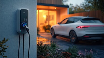 Fototapeta premium Electric Vehicle Charging Station at Home with Modern Car and Natural Lighting