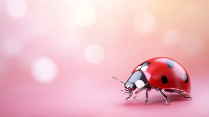 Fototapeta premium Vibrant Ladybug on Soft Pink Background with Blurred Lights