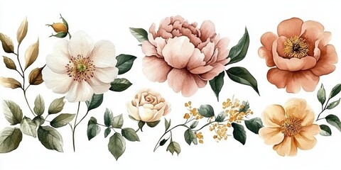 Watercolor Flower Collection Pink Peonies White Roses Yellow Blooms Green Leaves DIY Floral Elements for Invitations Bouquets Wreaths Anniversaries Birthdays