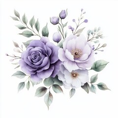 Fototapeta premium Watercolor illustration of bouquet flowers lavender rose purple rose white peony green leaves minimalist design