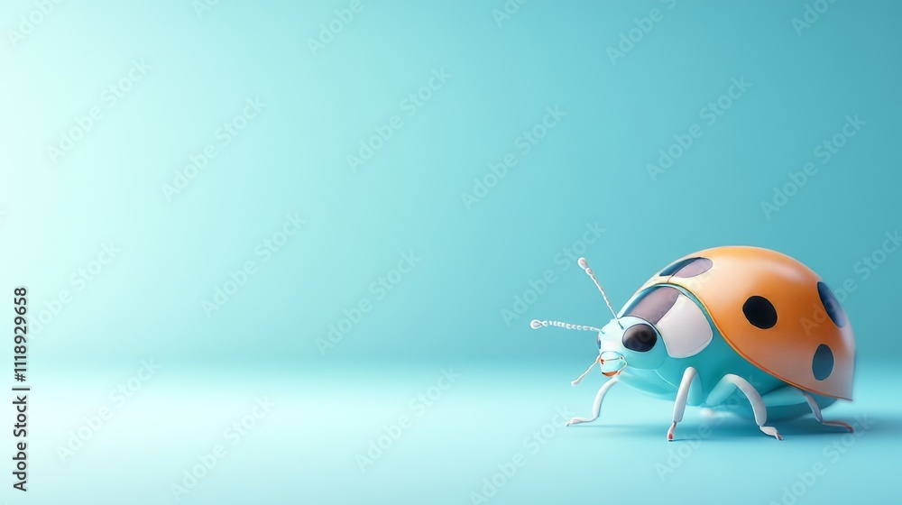 Poster colorful ladybug model on a soft blue background with empty space