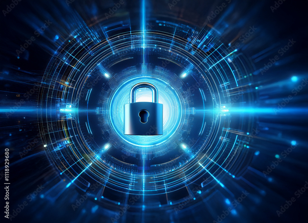 Poster a digital padlock at the center of a glowing circular technological interface symbolizes cybersecuri