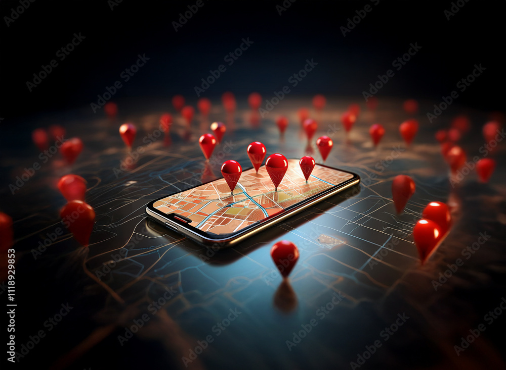 Poster a smartphone displays a map with numerous red location pins scattered across its surface and surroun