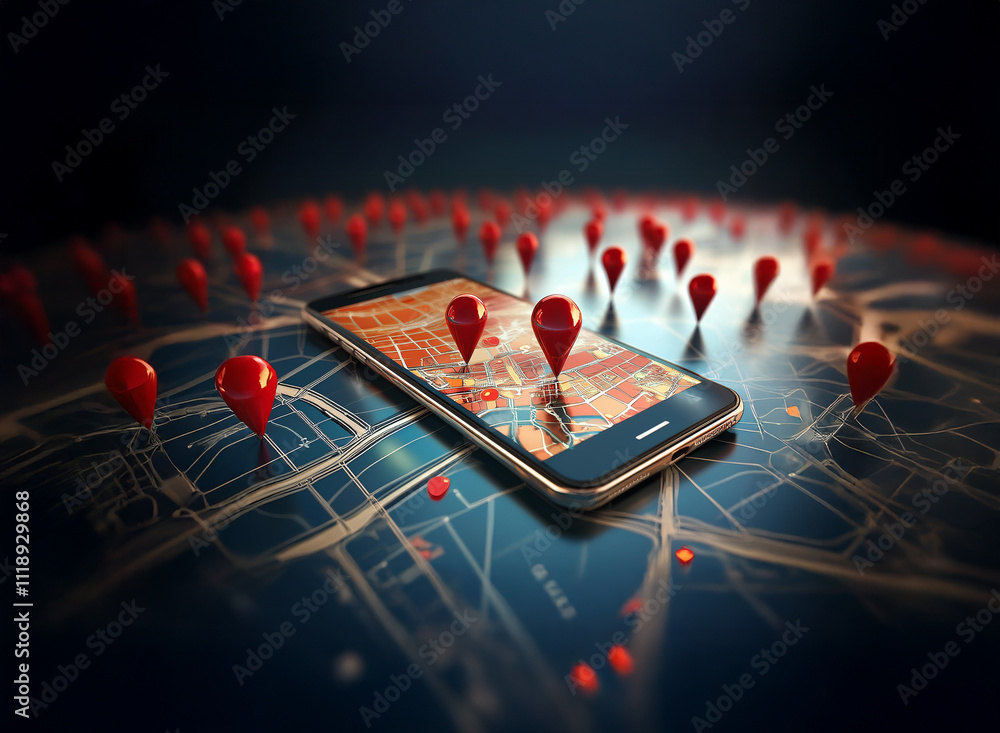 Poster a smartphone displaying a map with numerous red location pins scattered around it, illustrating glob