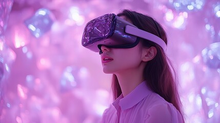 A woman wearing a VR headset interacts with low poly geometric shapes floating around her against a white background with purple and blue hues, demonstrating the interactive capabilities of virtual