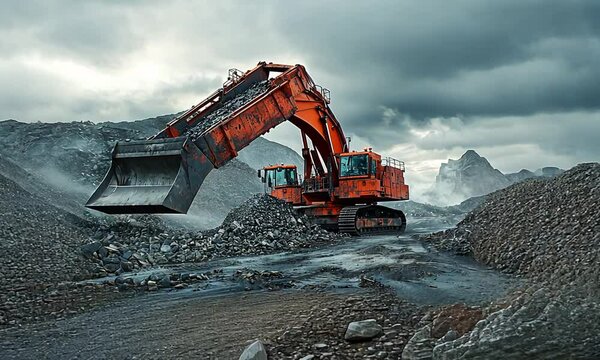 A large excavator working on a rocky landscape, moving materials in a construction site.
