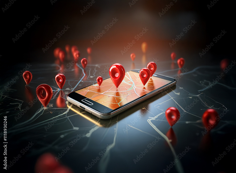 Poster a smartphone displays a map with numerous red location pins scattered around it, illustrating global