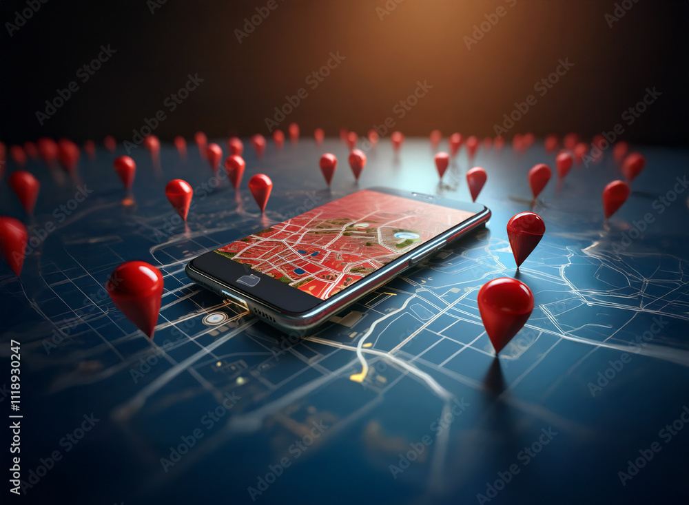 Poster a smartphone displaying a map is surrounded by numerous red location pins, illustrating the concept 