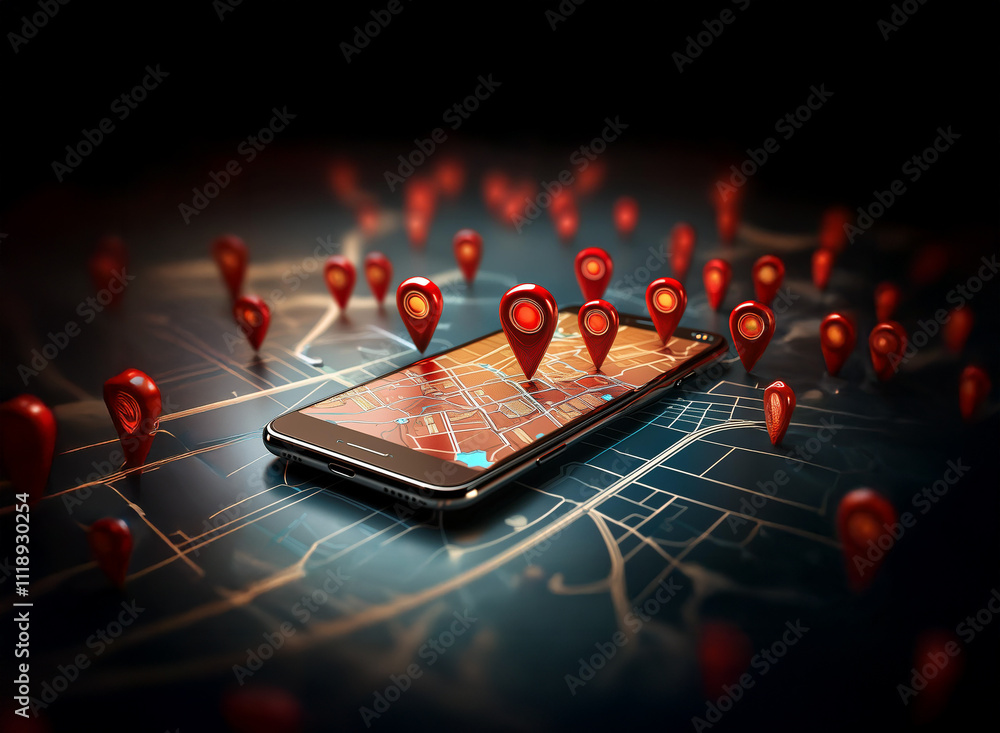 Poster smartphone displaying a map with numerous red location markers scattered around it, suggesting navig