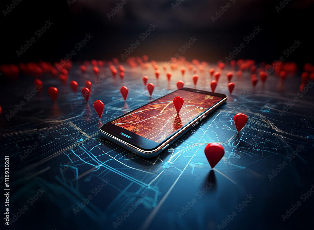 Poster a smartphone displaying a map lies on a digital surface, surrounded by numerous red location markers