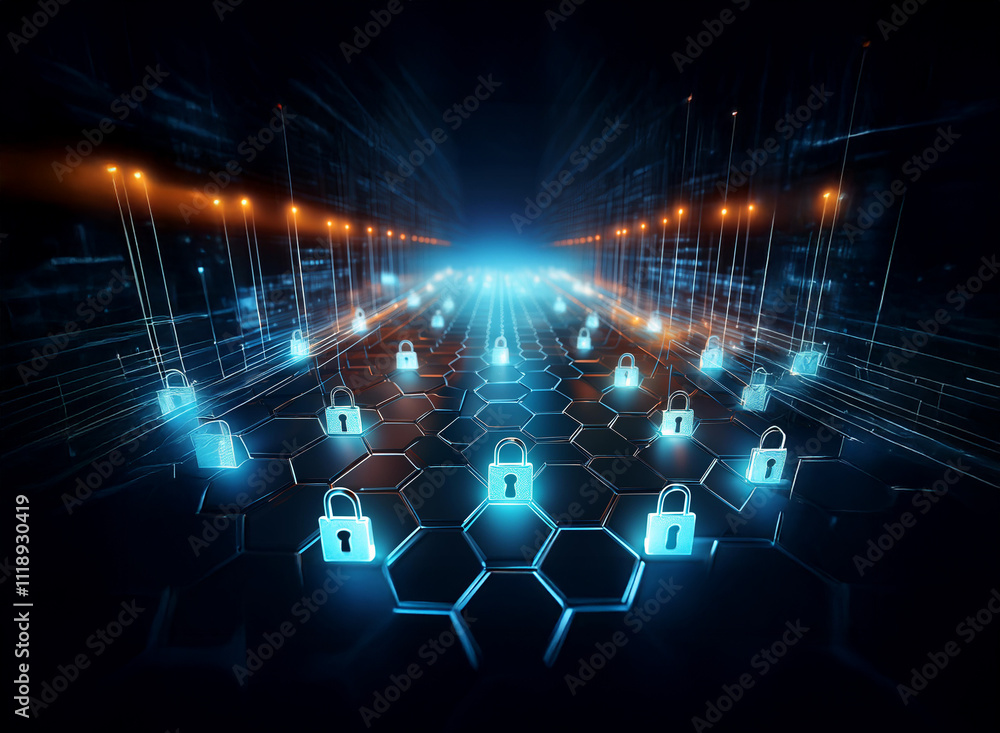 Aufkleber abstract digital security concept. glowing padlocks arranged on a hexagonal grid within a futuristic