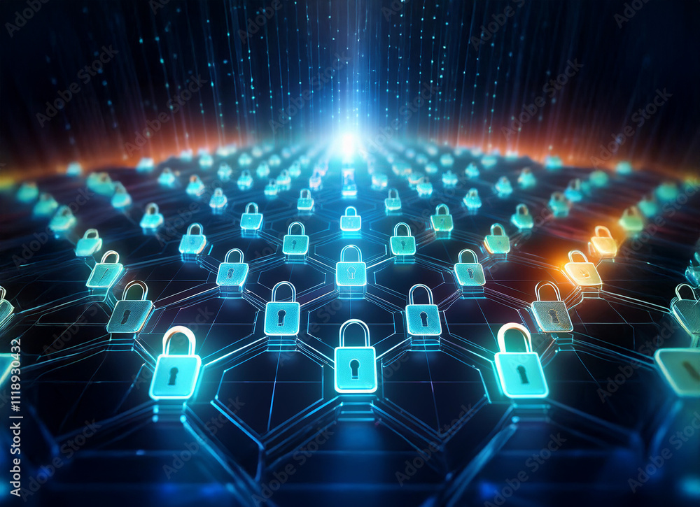 Poster abstract digital illustration of numerous glowing padlocks arranged in a grid pattern on a dark back