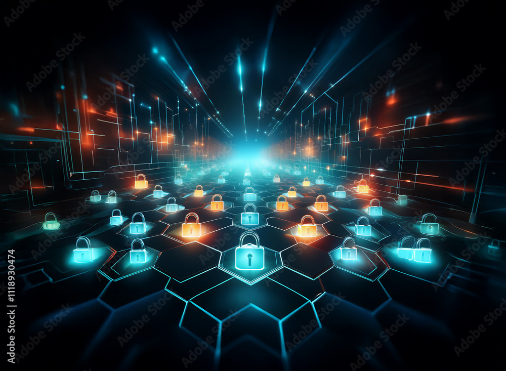 Aufkleber abstract digital landscape depicting cybersecurity. glowing padlocks arranged on a hexagonal grid, s