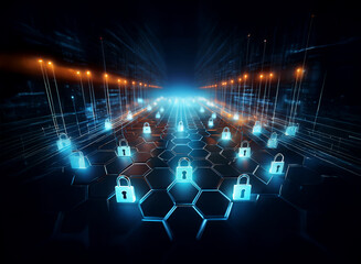 Obraz premium Abstract digital security concept. Glowing padlocks arranged on a hexagonal grid within a futuristic digital tunnel, representing data protection and cybersecurity.