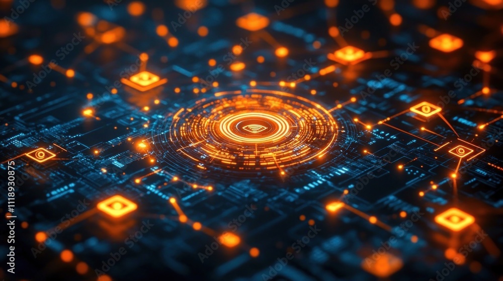 Poster Futuristic Wireless Network Visualization with Interconnected Nodes and Wi-Fi Signals