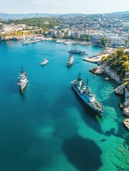 Fototapeta premium Sevastopol, Crimea. Bays of the city of Sevastopol in summer in sunny weather. The ships, Aerial View.