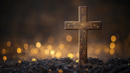 A wooden cross with bokeh lights in the background, symbolizing the sacredness of Easter and the death of Jesus