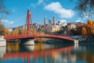 Naklejka premium Red Suspension Bridge and Historic Church in Lyon Cityscape