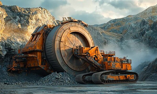 A massive mining machine rests in a quarry, showcasing industrial design and rugged terrain.
