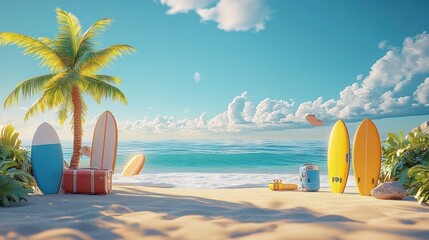Obraz premium Vibrant Minimal 3D Beach Scene with Colorful Surfboards Palm Tree and Beach Chair for Summer Product Display