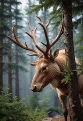 A reindeer bends its head to sniff a low-hanging fir branch, woodland landscape, , snowy forest