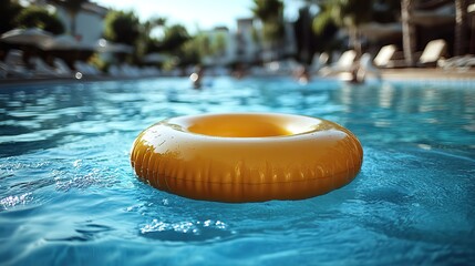A yellow inflatable ring floating in a swimming pool, creating a fun and summery vibe