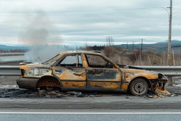 Abandoned burned-out car on roadside, smoke rising, surrounded by overcast landscape, illustrating neglect and decay.