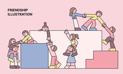 Friends are helping each other up the stairs. They are holding hands and lifting each other up on their shoulders. outline simple vector illustration.
