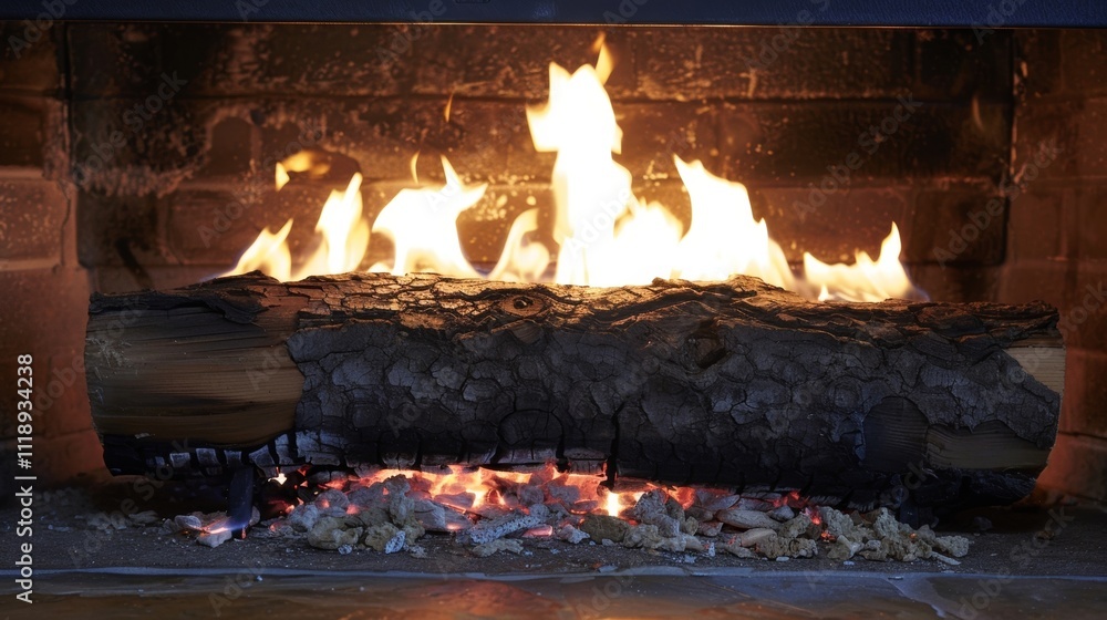 Aufkleber a single log burns brightly in the fireplace creating a mesmerizing display of flames. 2d flat carto