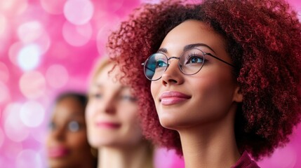 Obraz premium A diverse group of women with stylish glasses, showcasing confidence and individuality against a vibrant pink backdrop.