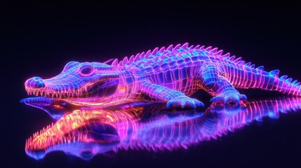 3D holographic crocodile, neon glowing scales, black background"