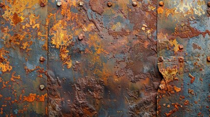 A close-up of rusted metal panels with texture and color variations.