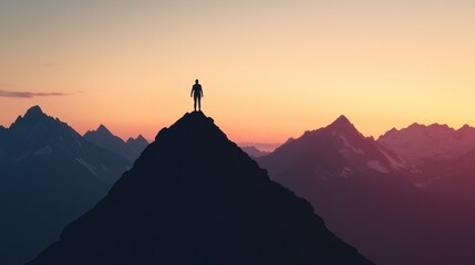 A lone figure stands atop a mountain peak at sunset, surrounded by majestic peaks, capturing a moment of solitude and breathtaking beauty.