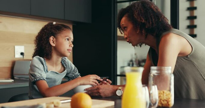 Breakfast, home or mom talking to kid for love, development or warning for teaching lesson in morning. Girl, mother or child eating cereal in family house kitchen for food discipline or meal rules