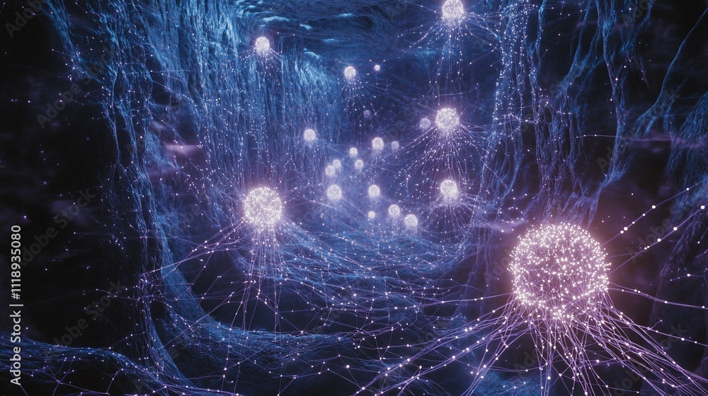Poster abstract network visualization with glowing nodes and connections.