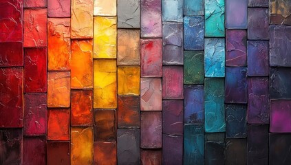 Vibrant Rainbow Wall with Textured Square Tiles Celebrating LGBT Diversity and Equality