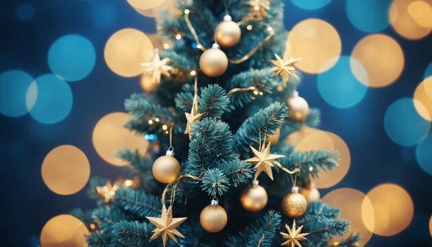 Closeup of a Christmas Tree with ornaments and stars in the foreground with unfocused Christmas lights in the background with a bokeh focus 