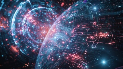 Obraz premium The galaxys core is a hub of activity with numerous exchanges and trading platforms lit up like constellations in the vastness of space.