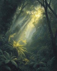 Fototapeta premium Lush jungle scene with sunlight filtering through dense foliage.